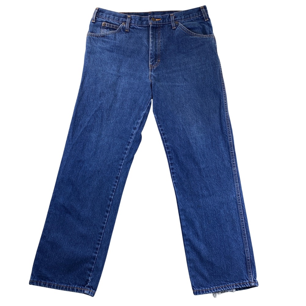 Dickies Mens Straight Leg Blue Denim Workwear Jeans 33x29 Distressed Hem